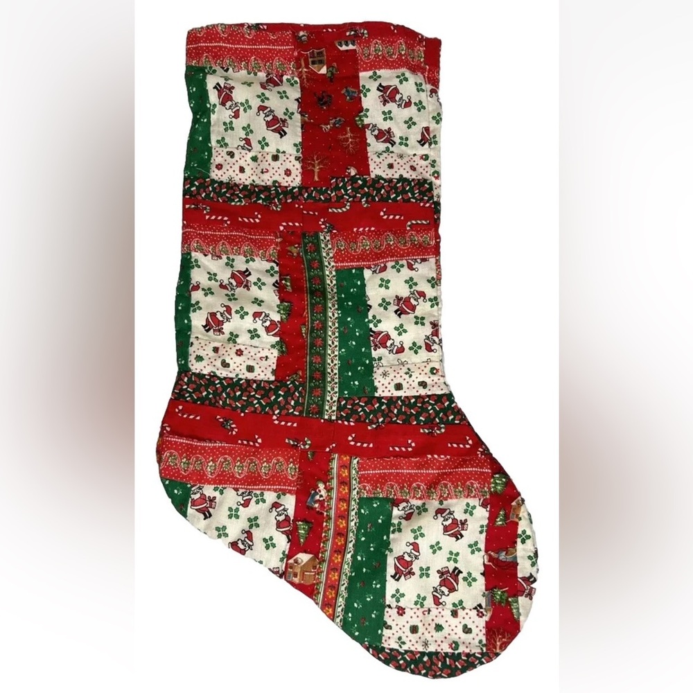 VTG Christmas Stocking Handmade Patchwork Fabric Sewn Santa Candy Canes Santa